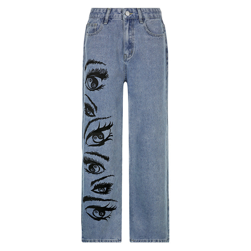 Fashion Personality Eye Print Blue Jeans For Women