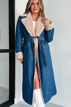 Lace-up Double Pocket Denim Trench Coat for girls