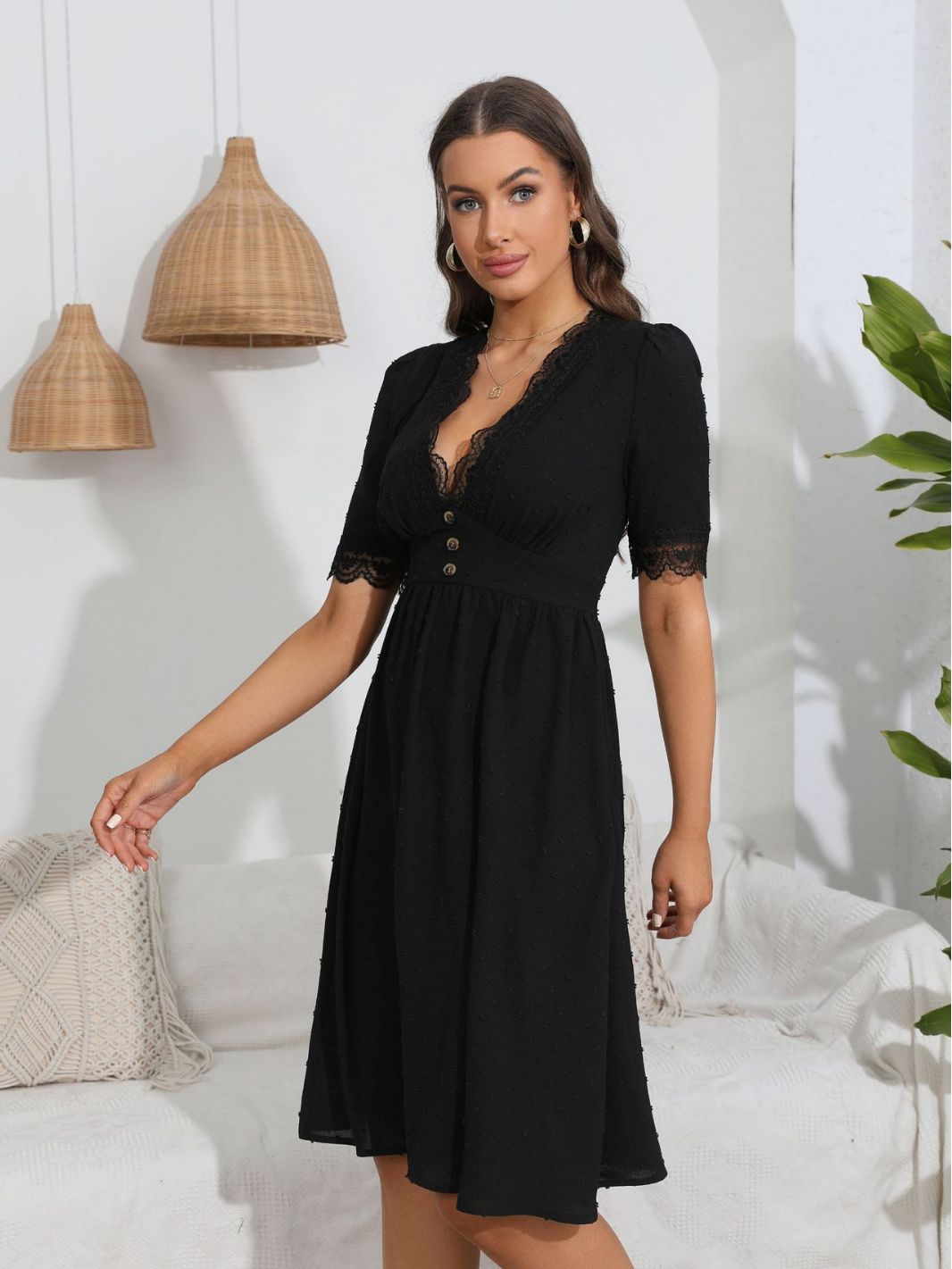 V-neck Buttons Decorative Lace Dress For Women