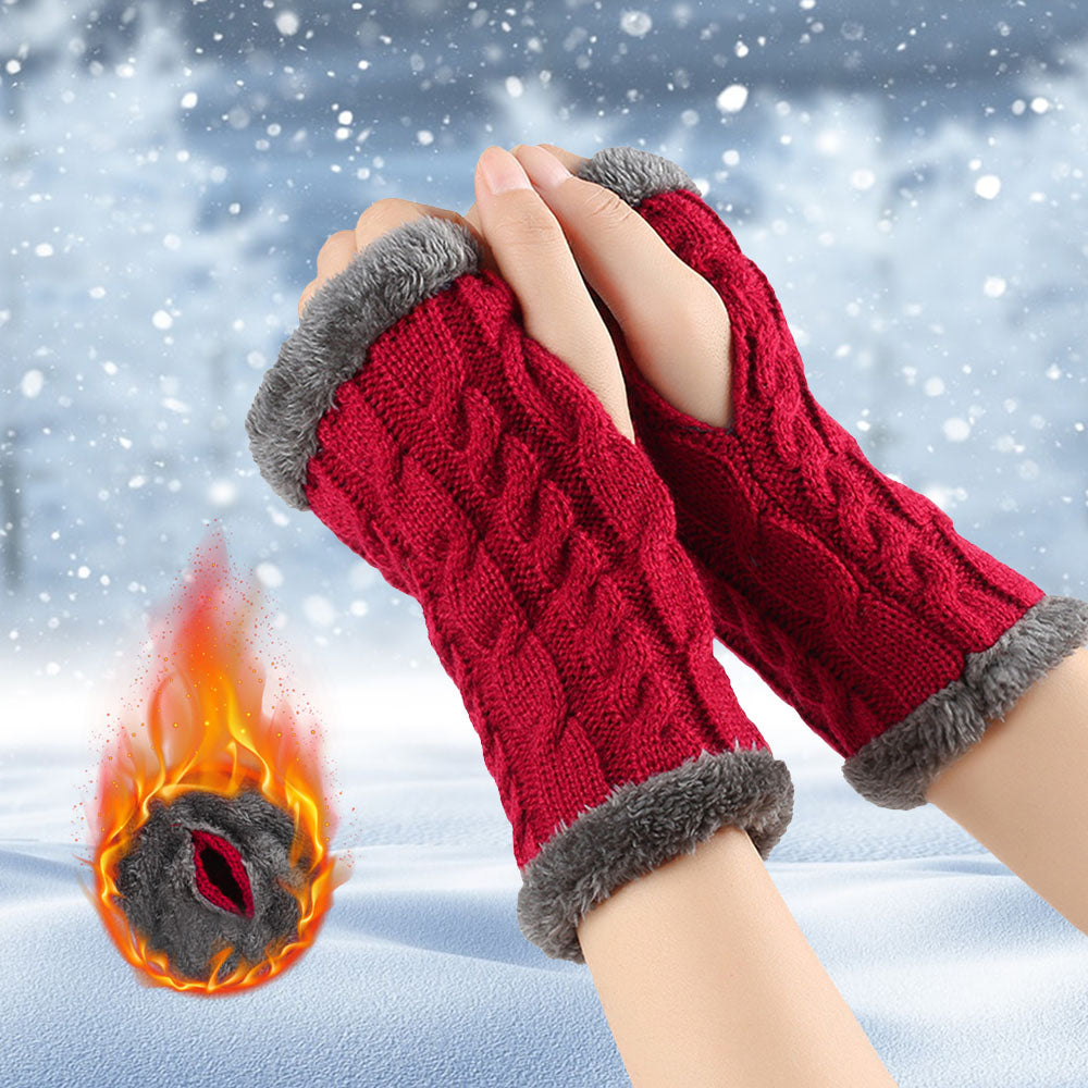 Plush and Twist Knitted Fingerless Fleece Gloves for Women