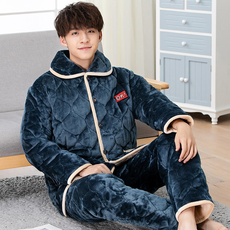 Winter Thickened Crystal Fleece Quilted Style Pajamas Set For Men