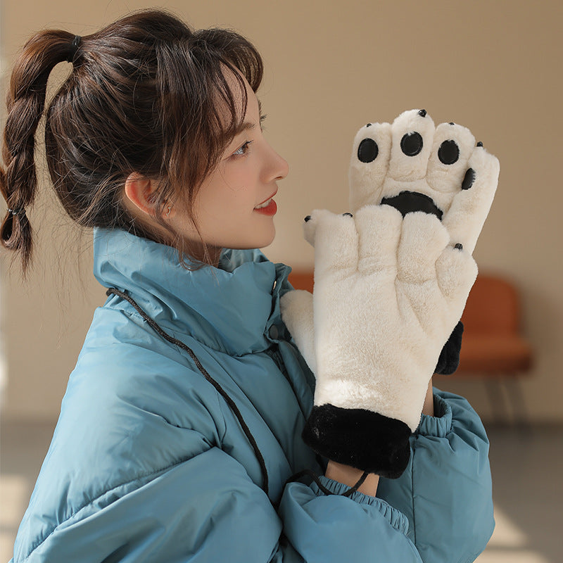 Cute Cartoon Bear Claw Plush Gloves Female Winter Warm Fleece-lined  for women