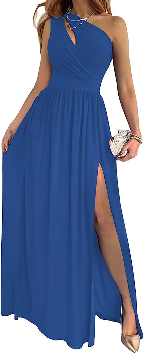 One Shoulder High Split Cutout Sleeveless Elegant Sexy Cocktail Maxi Dress for women