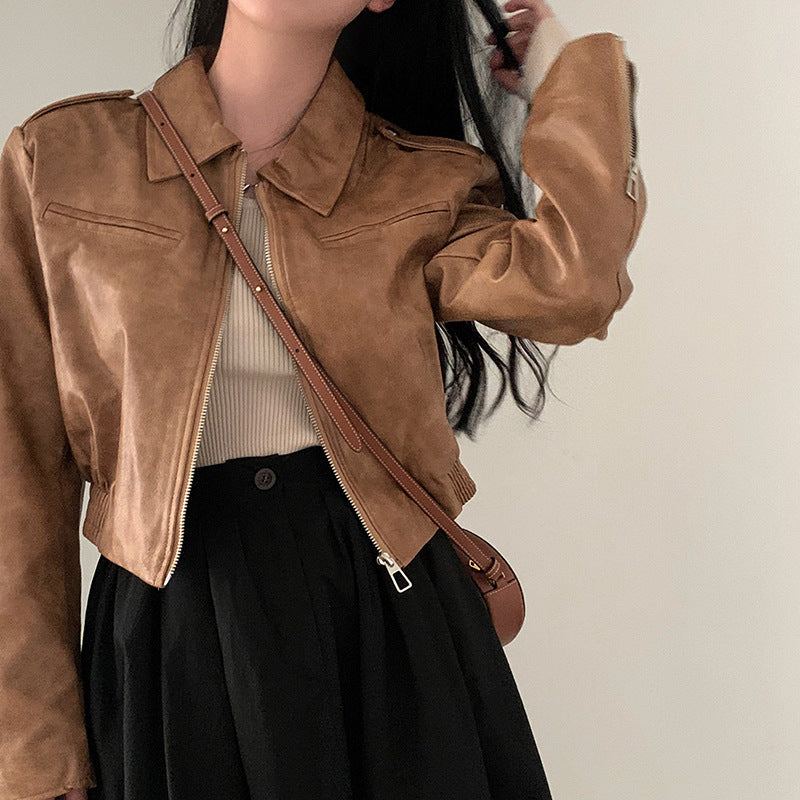 Solid Color Zipper Small Loose Lapels Fashion American Leather Coat for Women