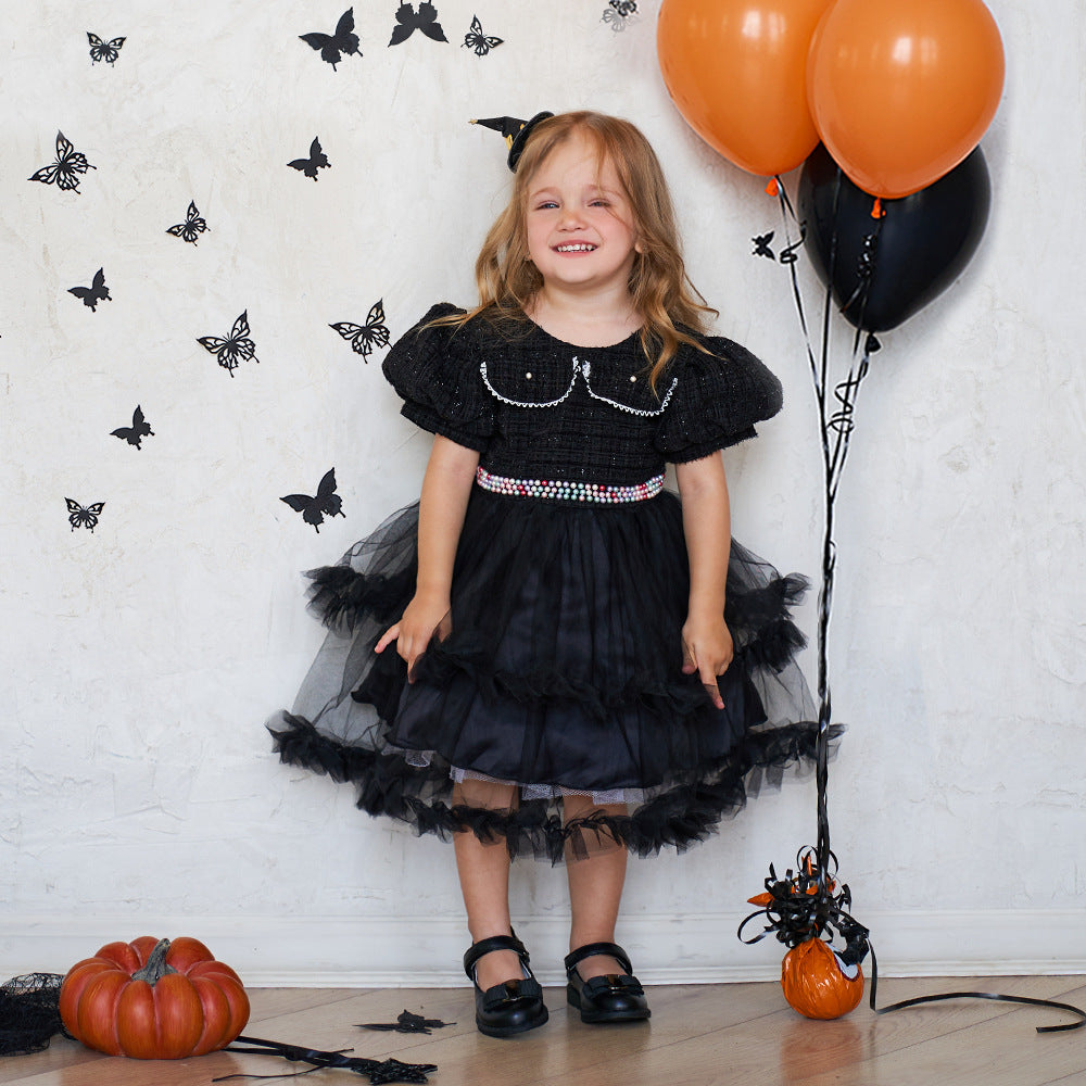 Halloween Mesh Stitching Puff Sleeve Dress for Girls