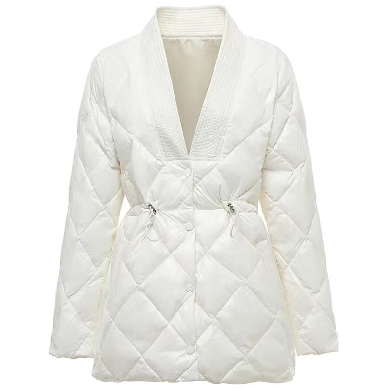 Rhombus Cotton-padded and Mid-length Large V-neck Jacket for women