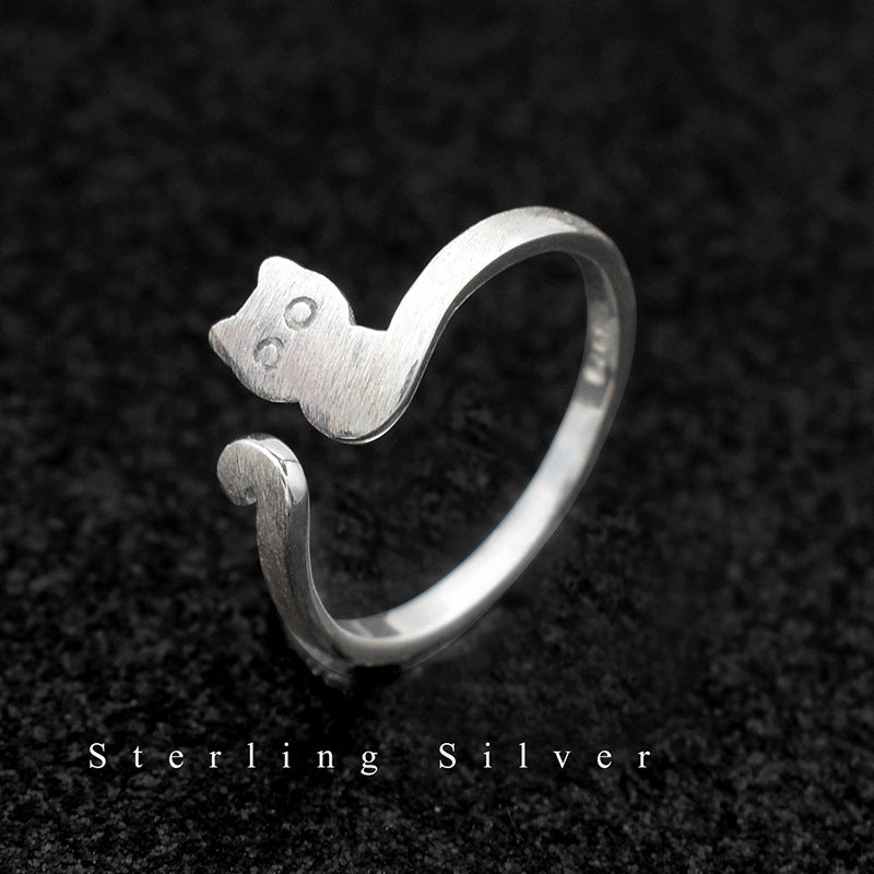 S925 Sterling Silver Brushed Cat Simple Graceful Ornament Ring