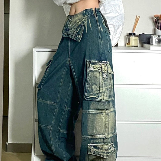 Retro Washed Cargo Jeans For Women