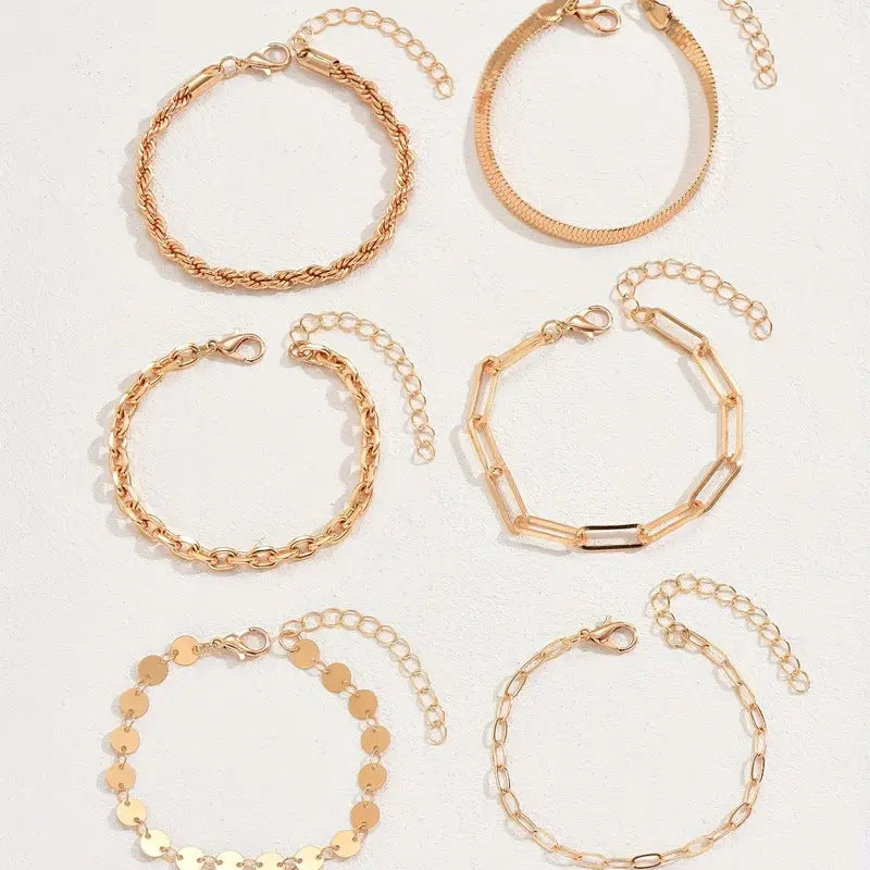 Six-piece Set All-match Bracelet Personality Fashion Snake Chain Hemp Flowers Chain Alloy