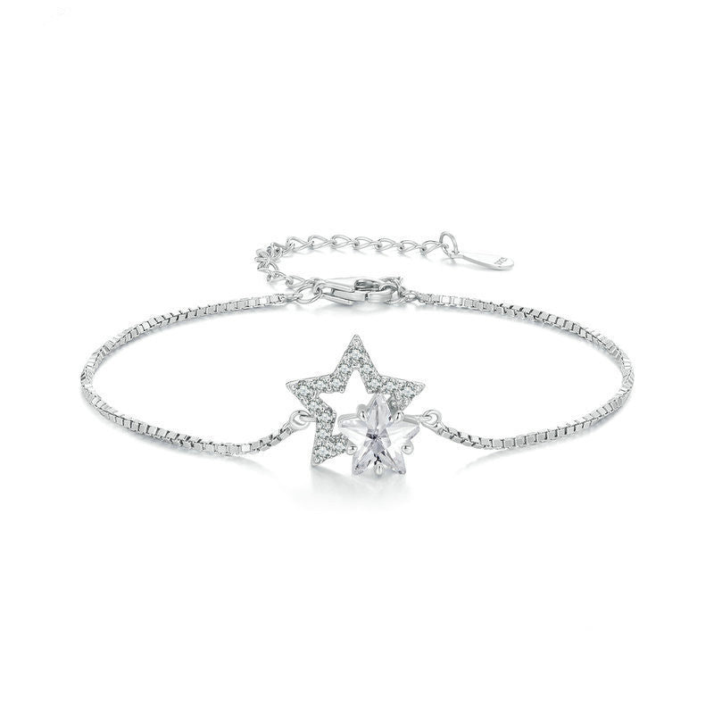 Double Circles Star S925 Sterling Silver White Gold Plated Five-pointed Star Ornament Bracelet