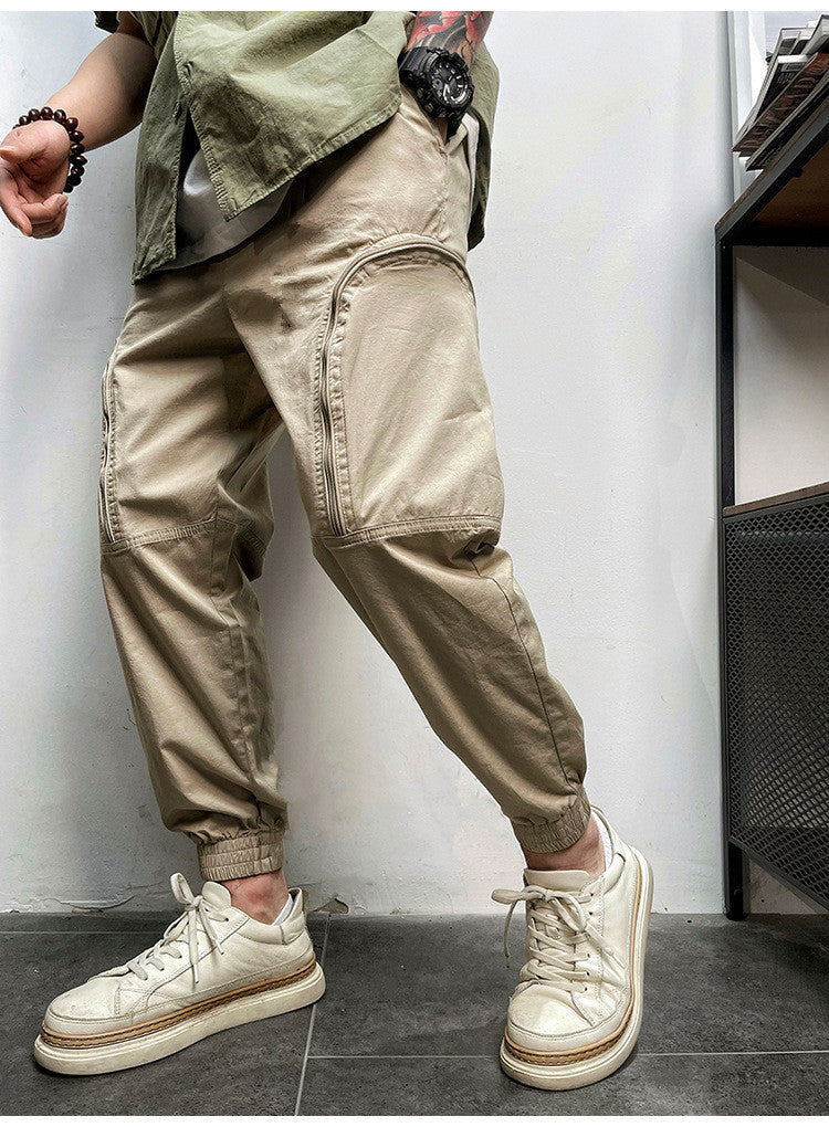 Elastic Waist Zipper Big Pockets Drawstring Sports Cargo Pant For Men