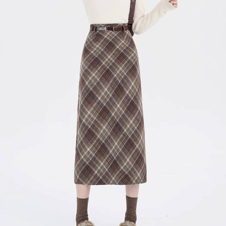 High Waist Mid-length Woolen Plaid Skirts For Women