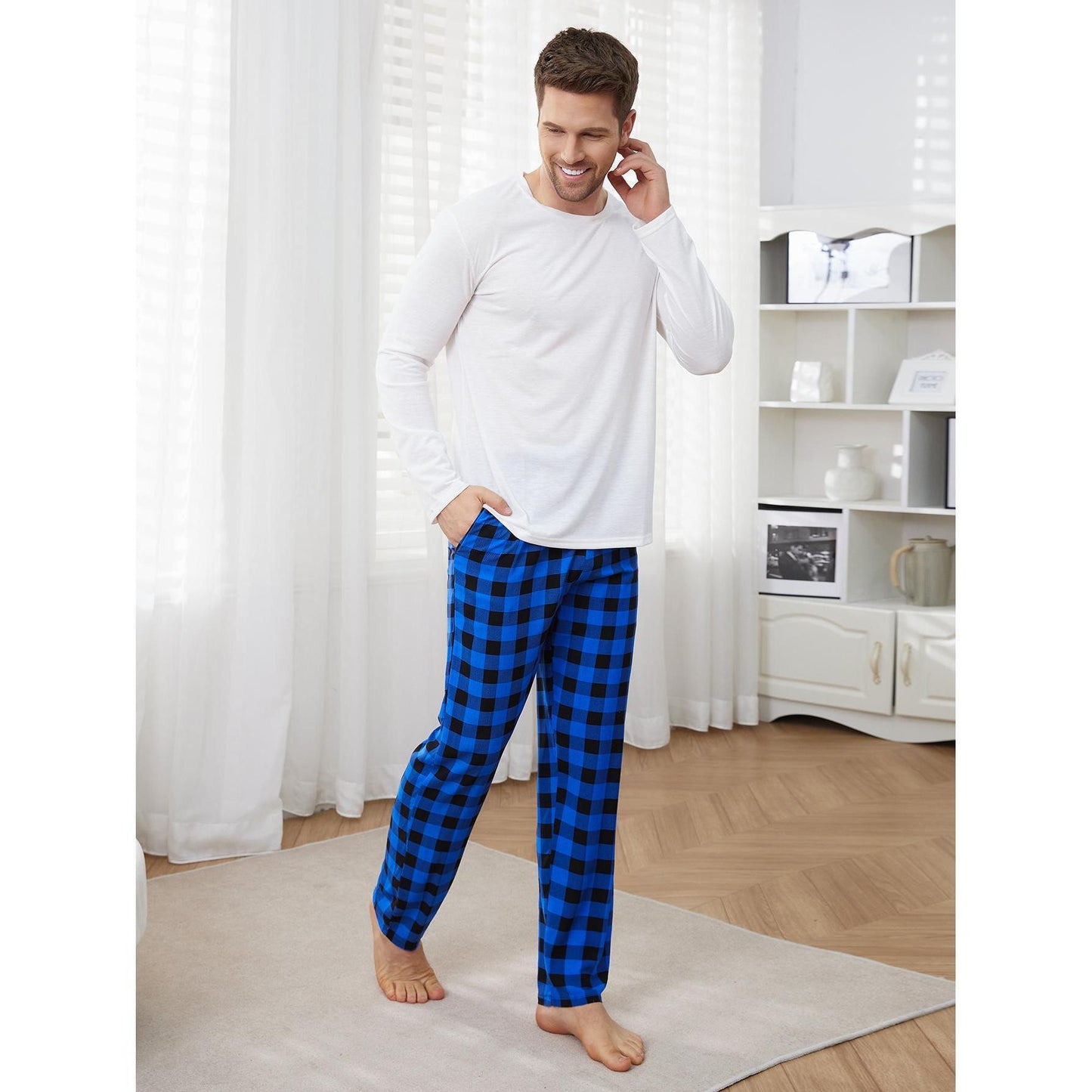 Ethnic Long Sleeve Plaid Pajama Set For Men