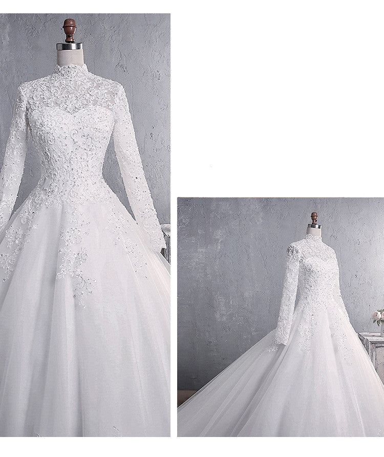 Bridal Stand-up Collar Long-sleeved Large Tail dress for women