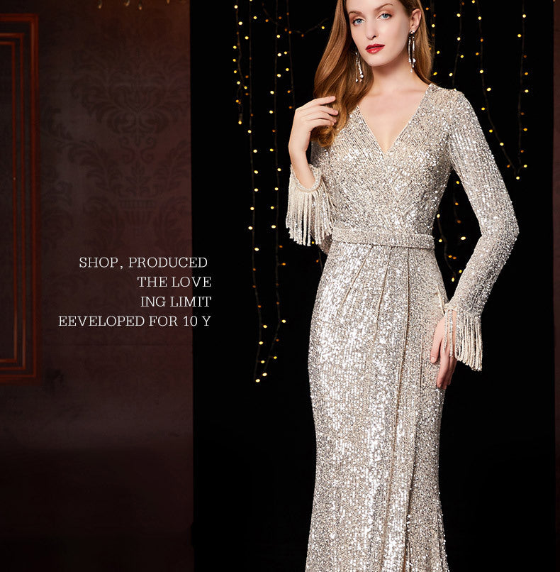 Temperament Banquet  Sequined Annual Meeting Host Long Evening Dress for women