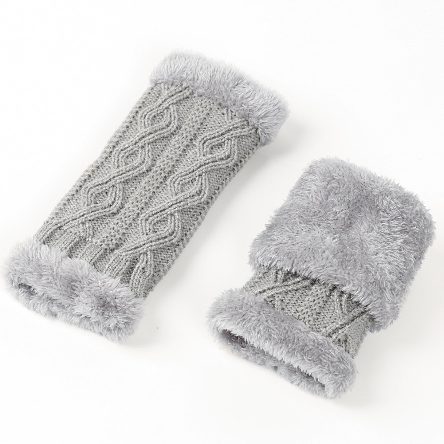 Rhombus Short Knitted Plus Fluff Thick Gloves for women