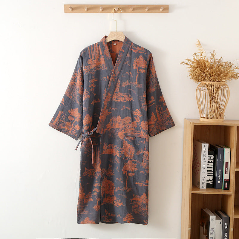 Cotton Gauze Kimono Bathrobe Gown For Men