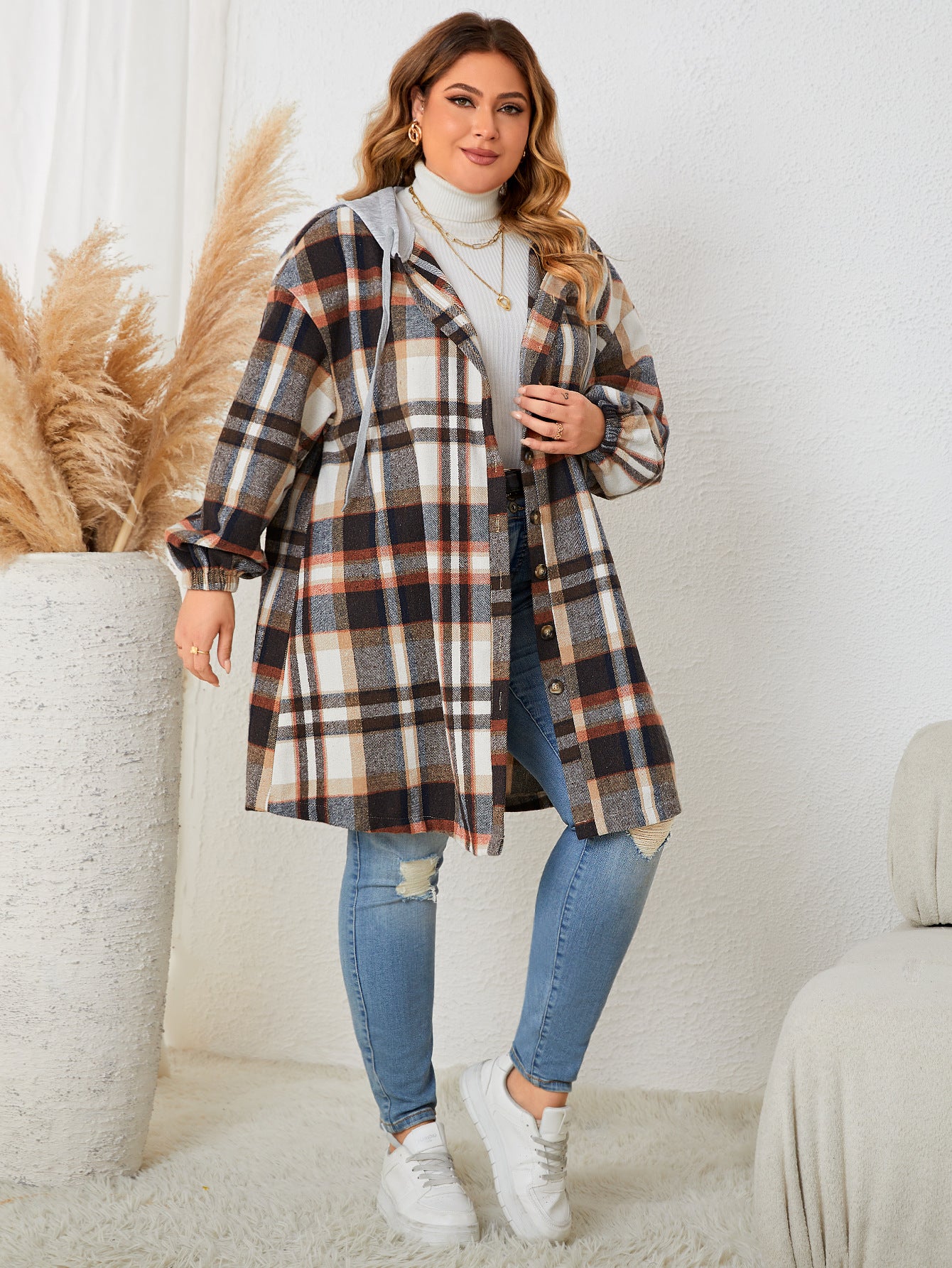 Autumn And Winter Plus-sized Plaid Hooded Mid-length Coat for women