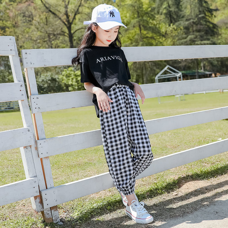 Summer Girls' Plaid Pants Short Sleeve Suit