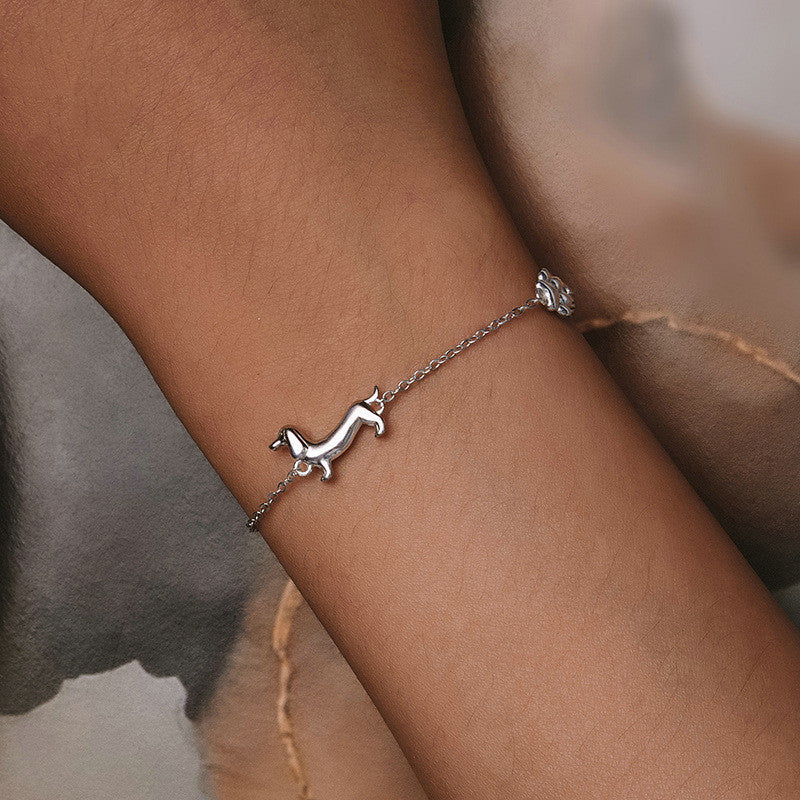 S925 Sterling Silver White Gold Plated Cute Sausage Dog Bracelet Ornament