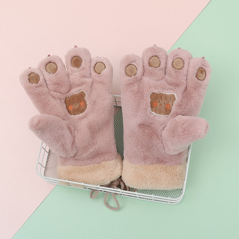 Cute Cartoon Bear Claw Plush Gloves Female Winter Warm Fleece-lined  for women