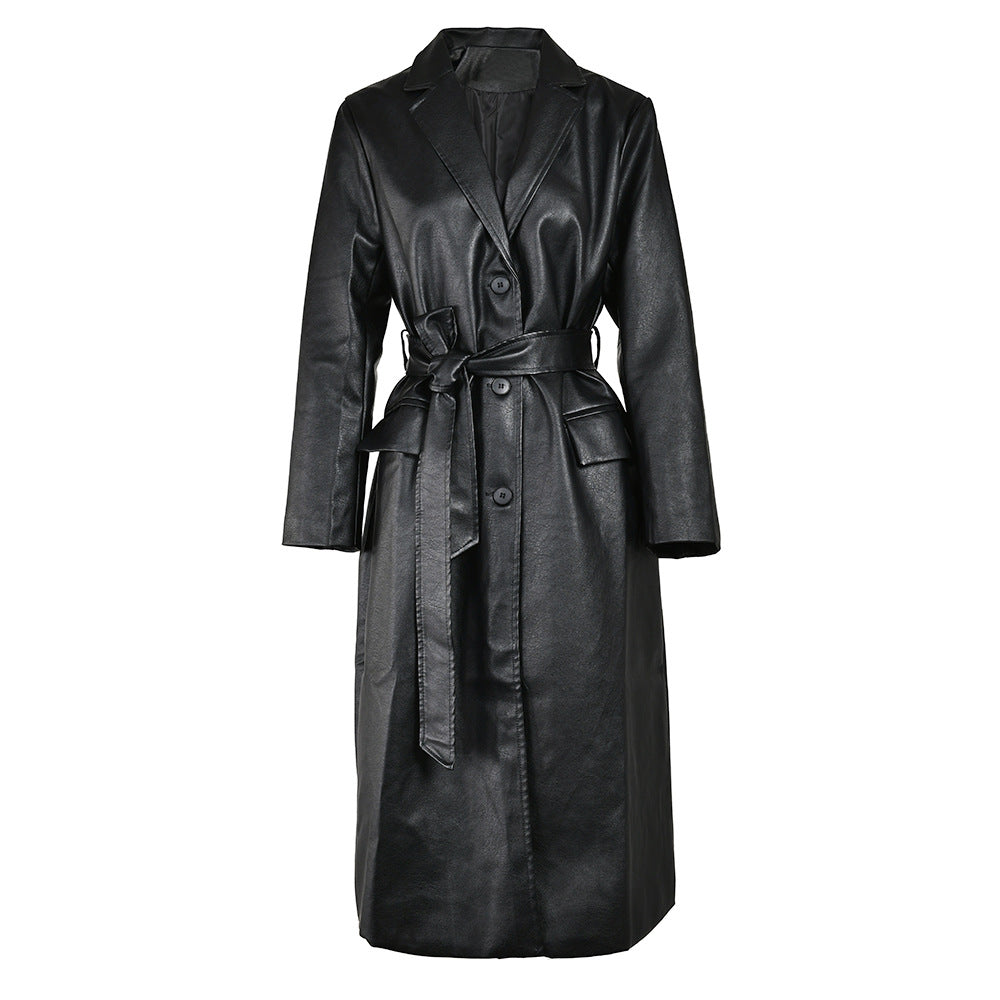 Waist-tight Thin Black  Long High-grade Windbreaker coat for women