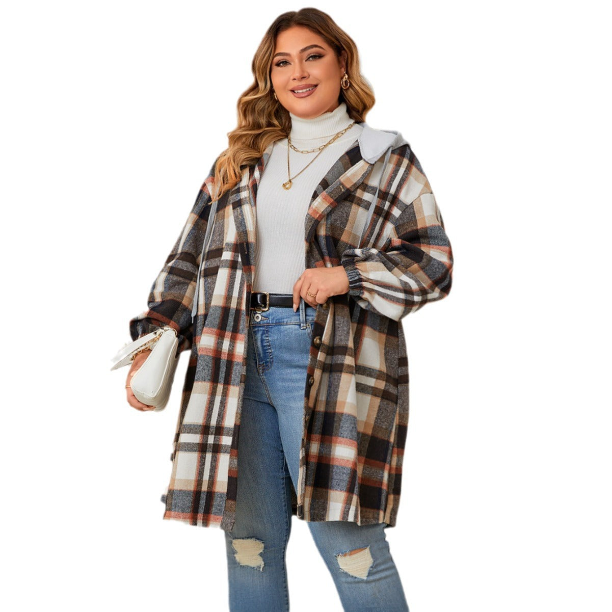 Autumn And Winter Plus-sized Plaid Hooded Mid-length Coat for women