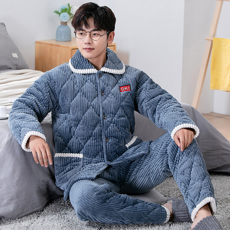 Winter Thickened Crystal Fleece Quilted Style Pajamas Set For Men