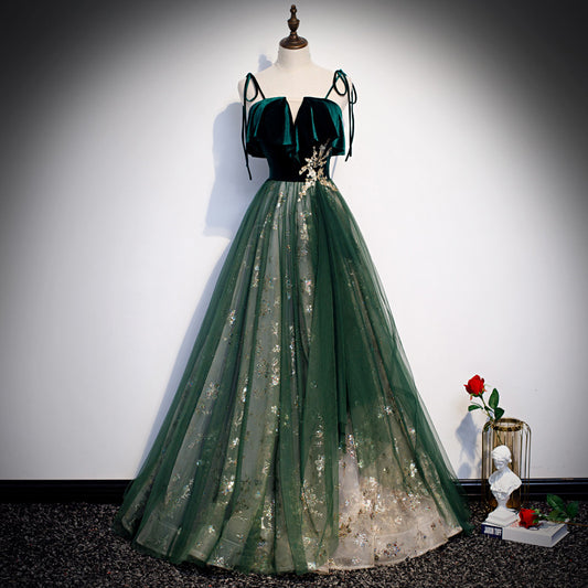 Banquet Sling Temperament Long Dress Dark Green Fantasy for women