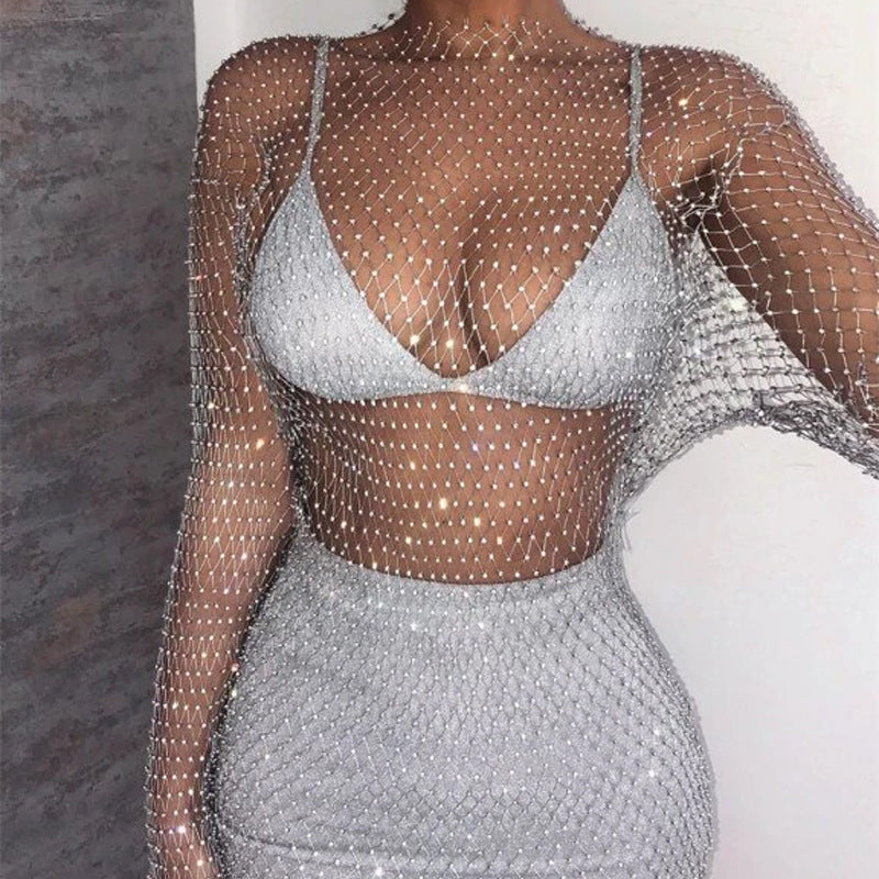 Rhinestone Cutout Mesh Blouse For Women