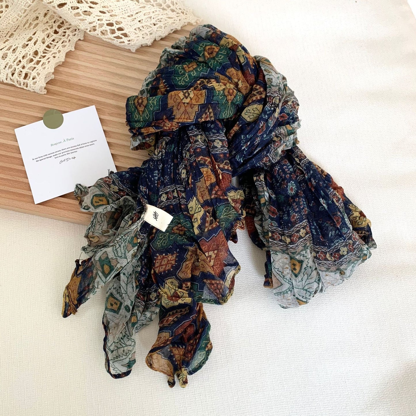 Artistic Retro Soft Small Floral Vintage Cotton And Linen Scarf For Women