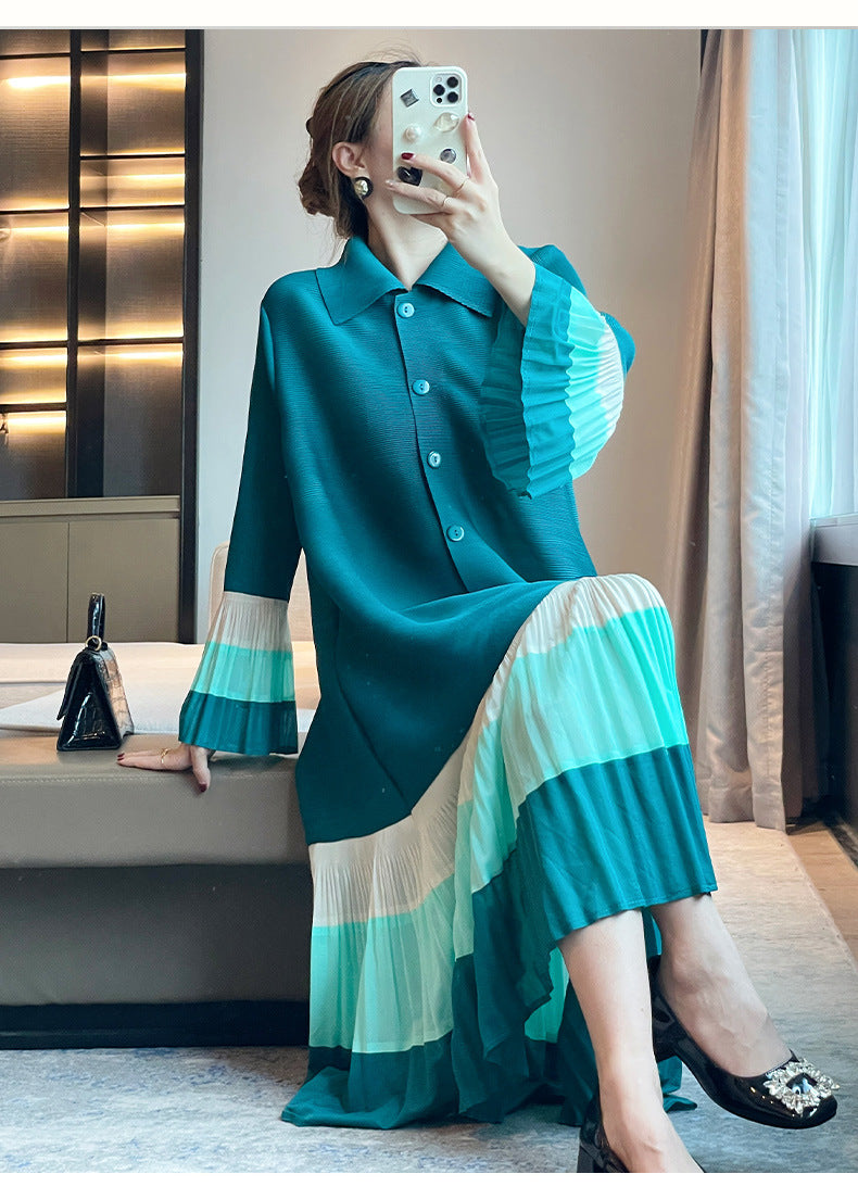 Color Turnover Neck Loose Dress For Women