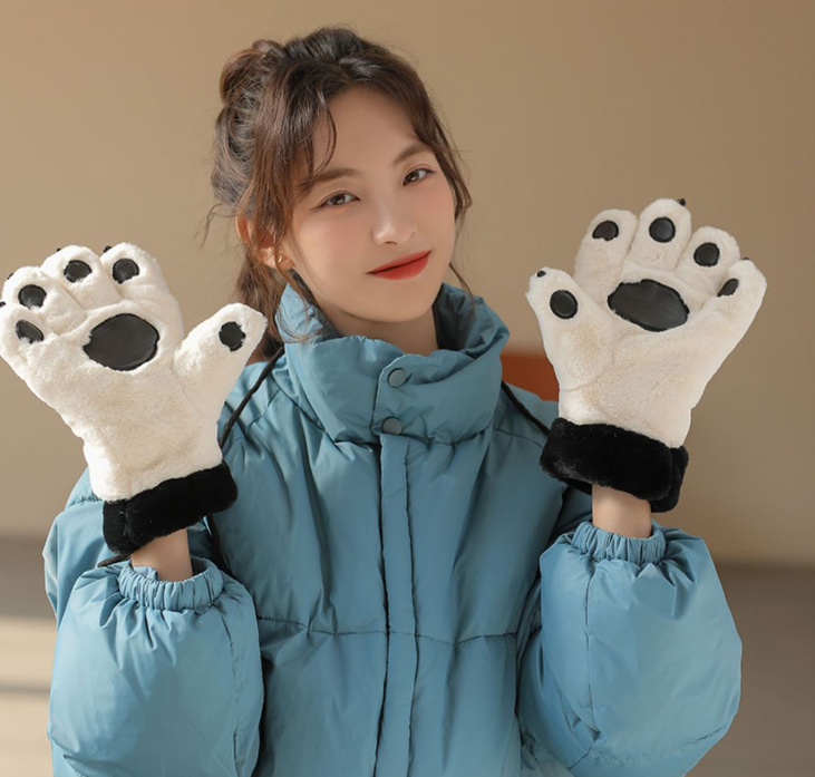 Cute Cartoon Bear Claw Plush Gloves Female Winter Warm Fleece-lined  for women