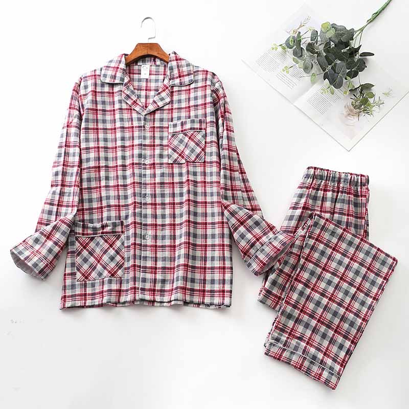 Long-Sleeved Brushed Plaid Pajama Set For Men