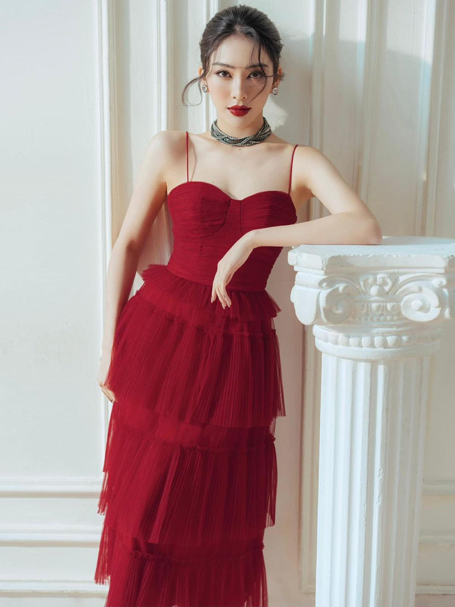 Spread Dark Red Flowing Small Dress for women