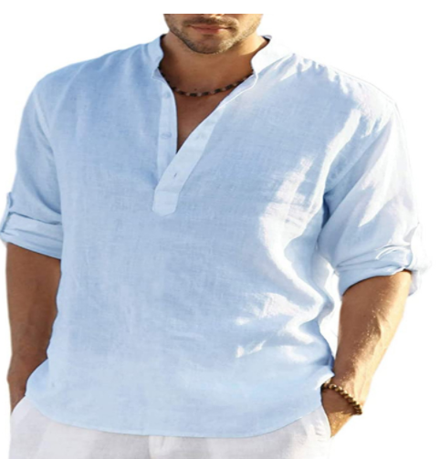 New Casual Cotton And Linen Embroidery Solid Color Long Sleeved Shirt For Men