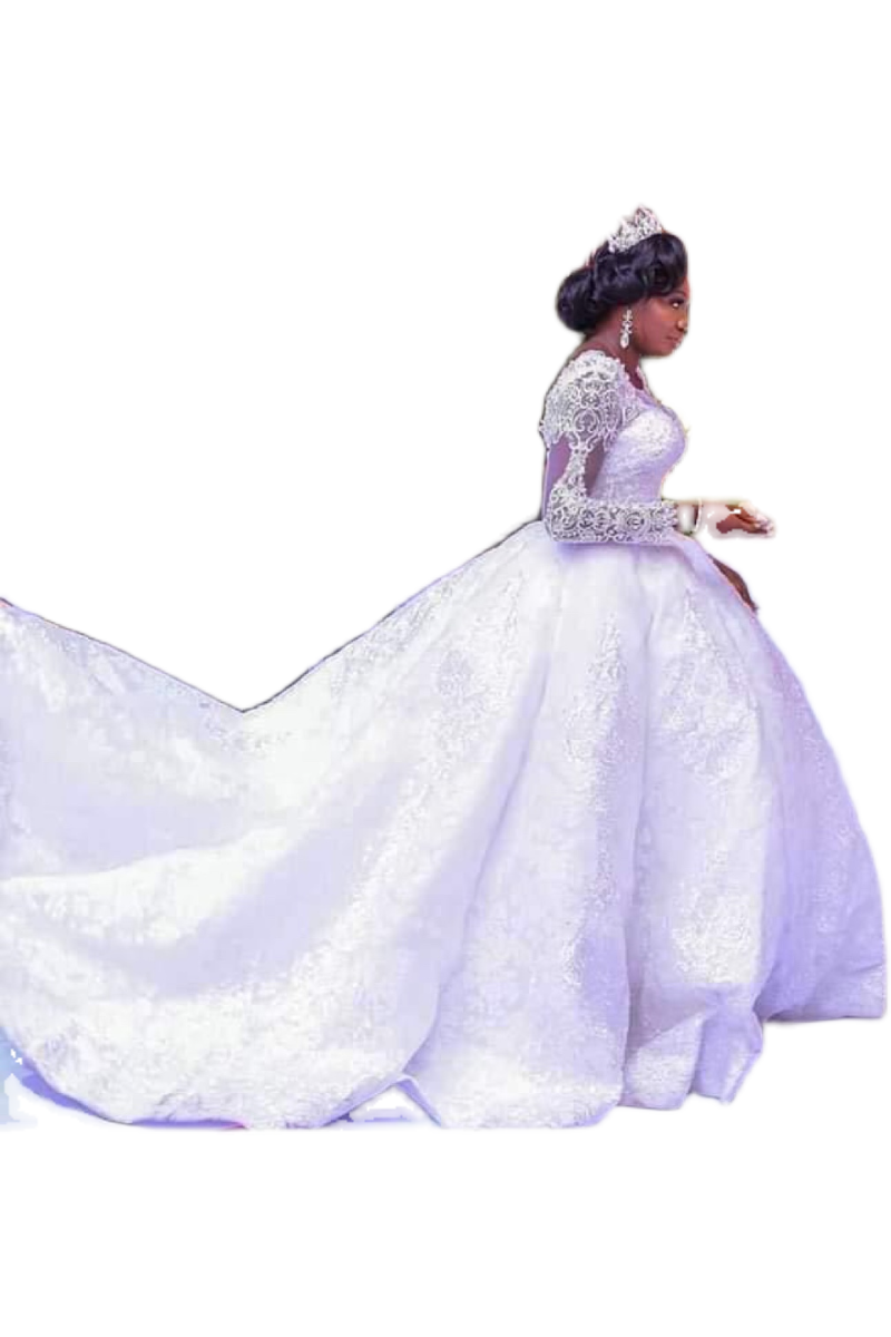 African Long Sleeves Round Neck Big Tail  Wedding Dress for women